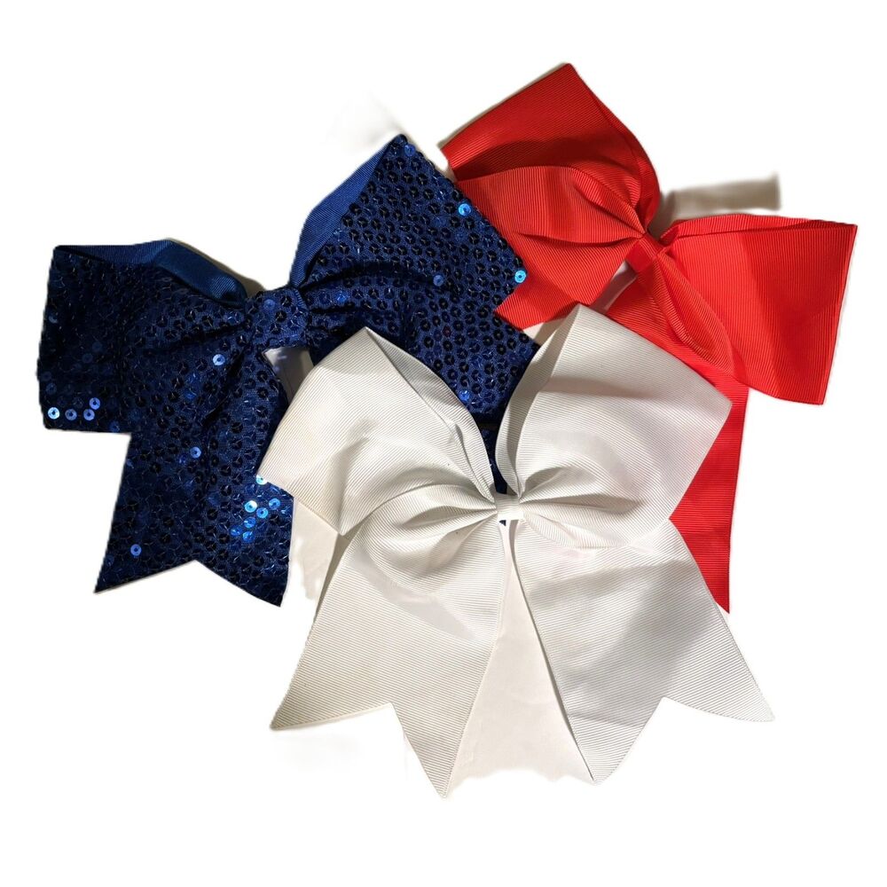 Red, White, and Sequin Blue Grosgrain 8" Hair Bows Set of 3 Cheer July 4 Dance